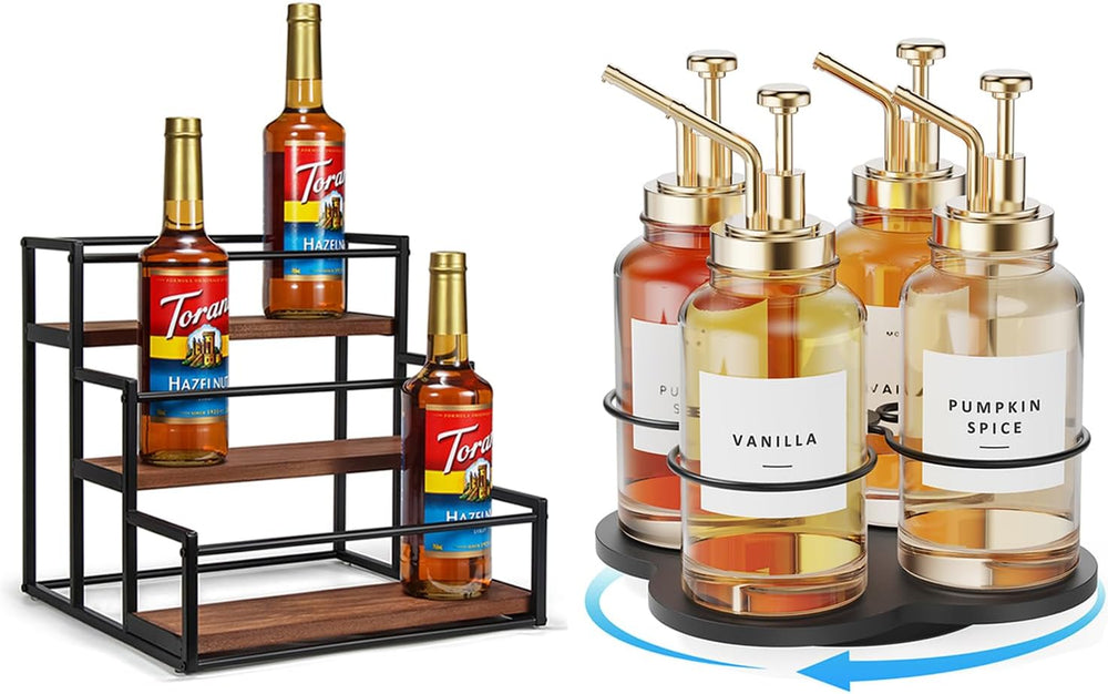 THYGIFTREE 3-Tier Coffee Syrup Organizer for 12 Bottles,Rotating Coffee Syrup...