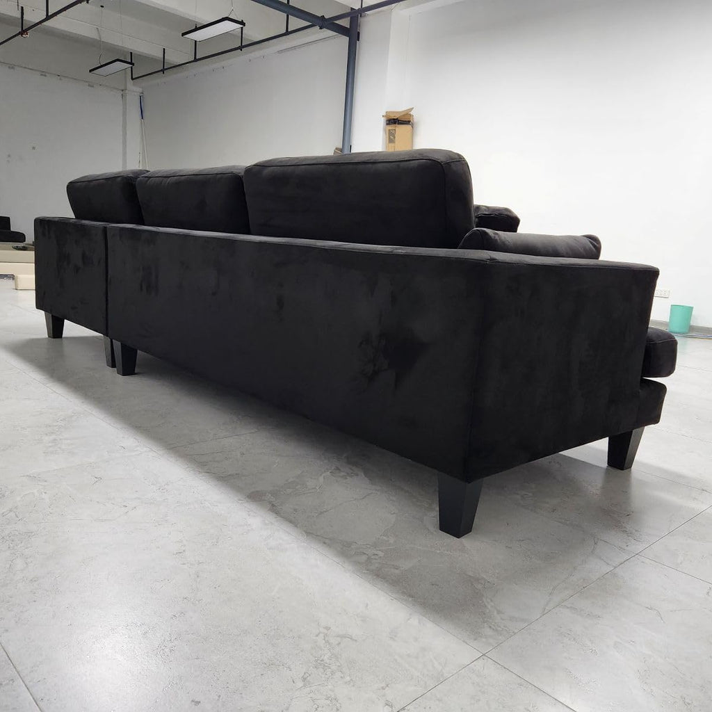 Stendmar 3pc 120" Contemporary Black Microfiber Fabric Couch Sectional Sofa Chaise Ottoman S16RBK (Black, Right Hand Facing)