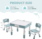 DOREROOM 4 in 1 Kids Table and 2 Chairs Set with Storage, Toddler Table and Chair Set for Kids Ages 3-10, Graffiti & Building Blocks Double-Sided Tabletop (Grayish Blue, 2 Chairs)