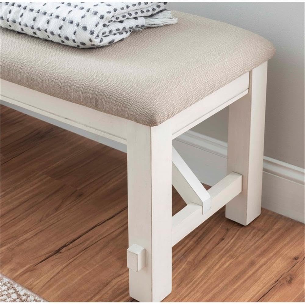 Pemberly Row 60" Wood/Fabric Bench, Smokey White Finish, Beige Upholster...