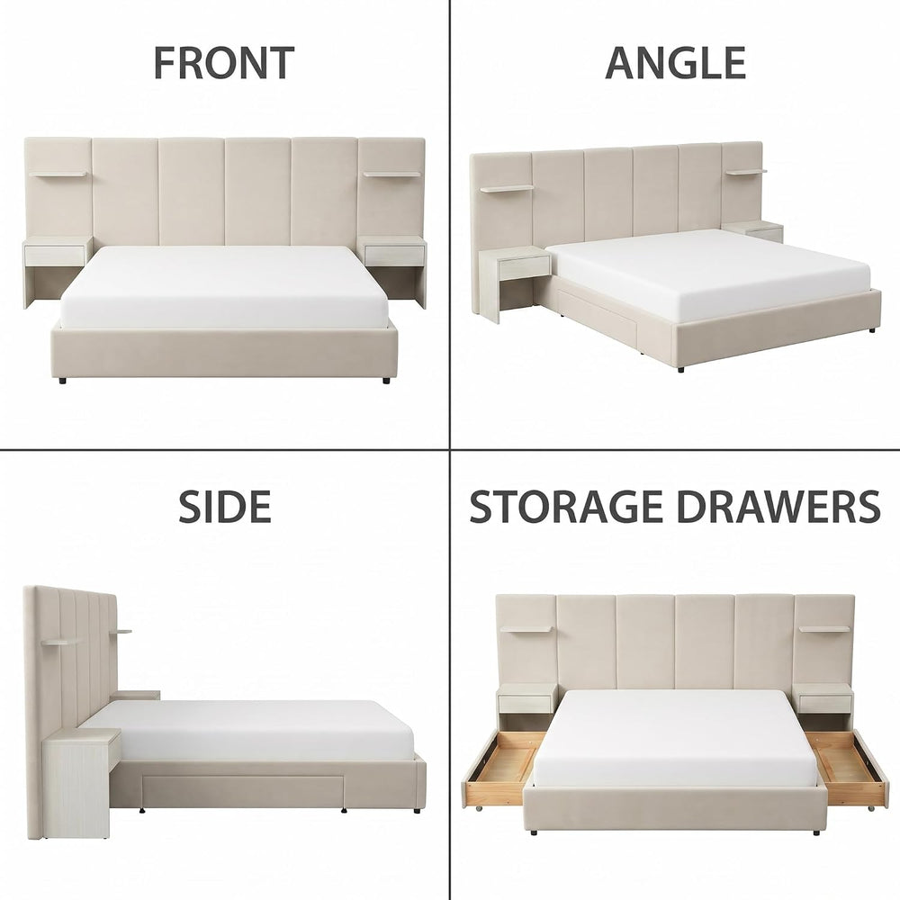 King Size Bed Frame with Storage & Built-in Nightstands & Drawers, Beige