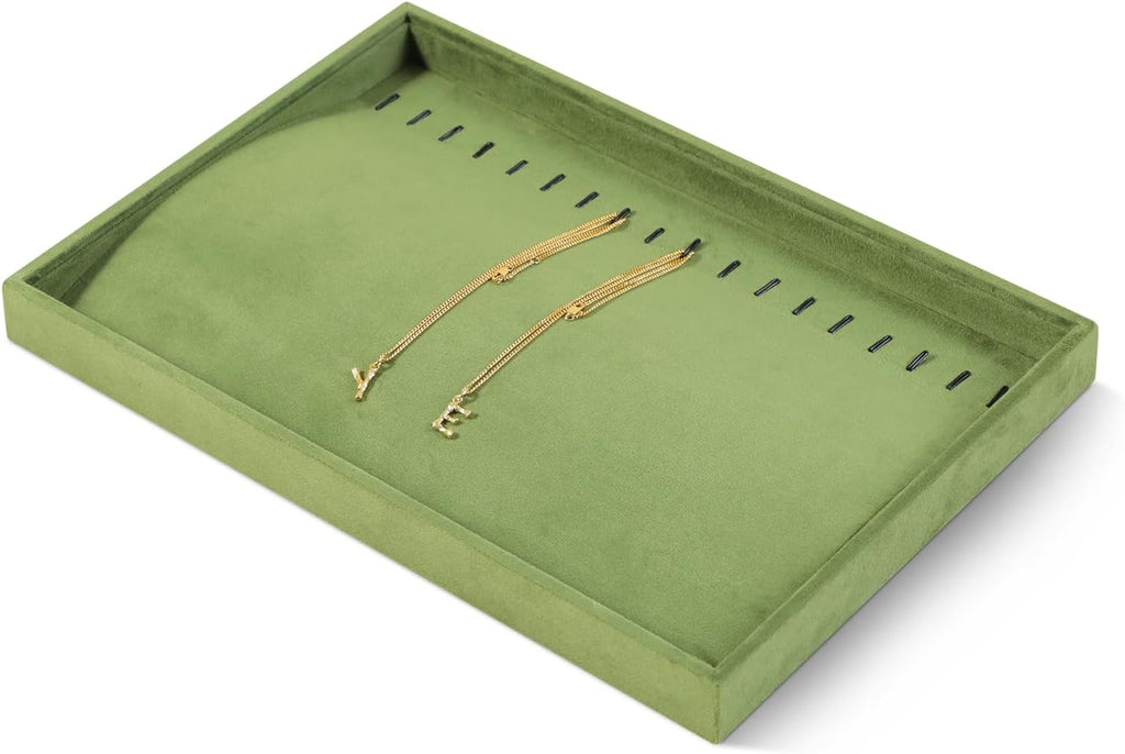 Velvet Jewelry Display Tray For Bracelet Pendant Necklace, Multi-Slot Stackable Storage Tray For Long Chain Jewelries, Drawer Insert Jewelry Organizer (Olive Green)