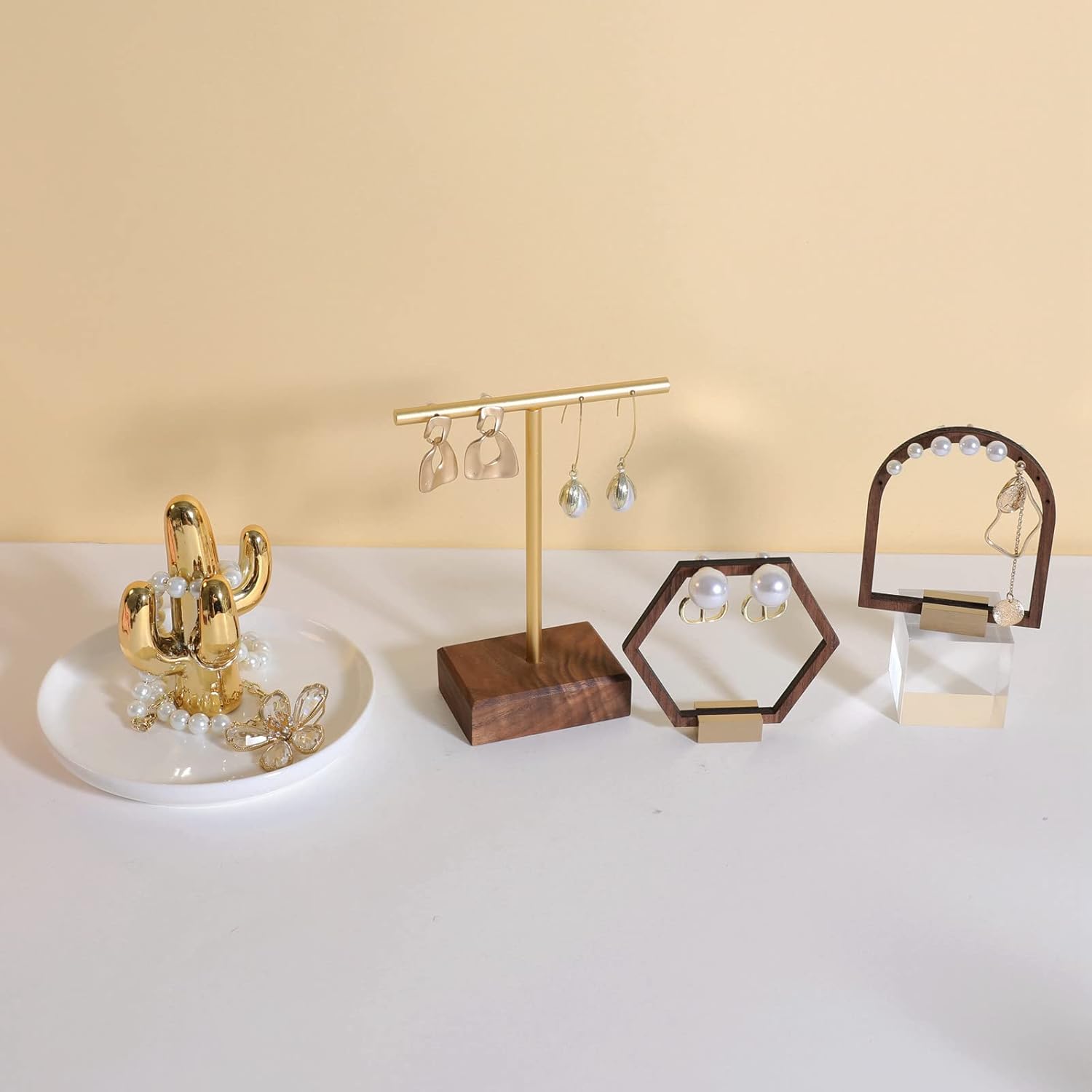 GemeShou earrings T display stands for selling, small earring holder jewelry stand with 4 holes on bar, wood earring hanger for boutique display【Walnut】