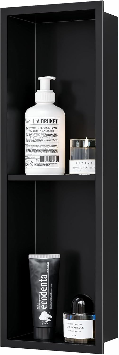 Stainless Steel Shower Niche 24" X 8", No-Tile Needed Wall Niche Double Shelves, Recessed Shower Storage, Matte Black