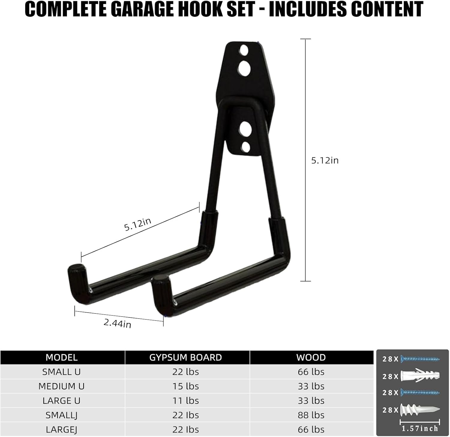 Garage Hooks, 6 Pack Medium Square Wall Hooks for Hanging Heavy Duty Ladders, Bikes, Tools Ideal for Garage, Garden, Basement Utility Room Storage (Black)