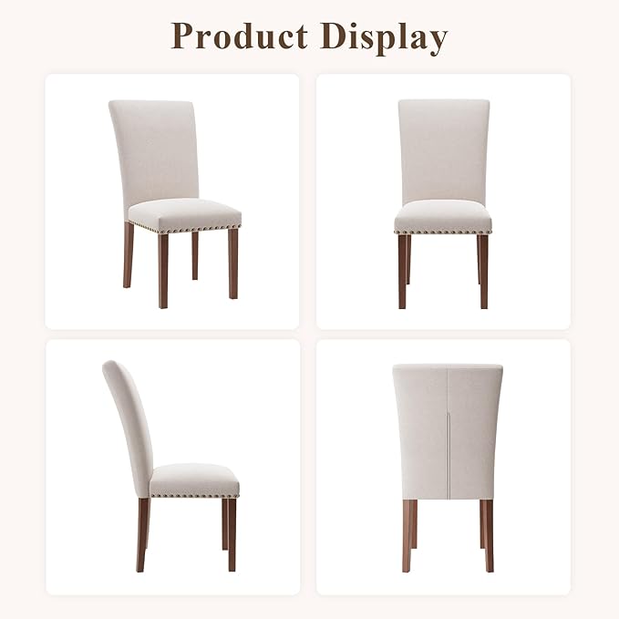 Stylish Dining Chairs Set of 4, Upholstered Parsons Dining Room Chair with Nailhead Trim, Kitchen Room Chair with Thick Cushions and Wood Legs, Nailhead Trim, Beige