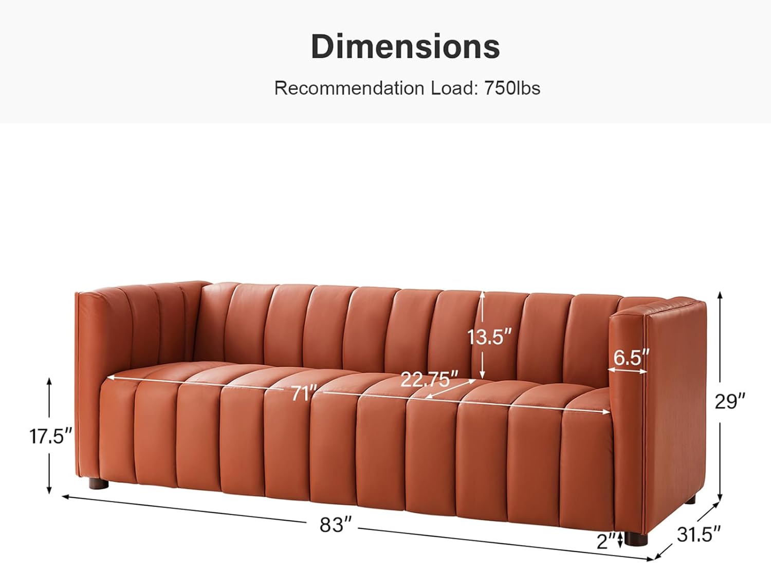 HULALA HOME 83" Genuine Leather Sofa with Channel Tufted Design, Brick | Modern 3-Seater Couch with Wood Legs, Supportive Seating, Easy Assembly, for Living Room Bedroom Apartment