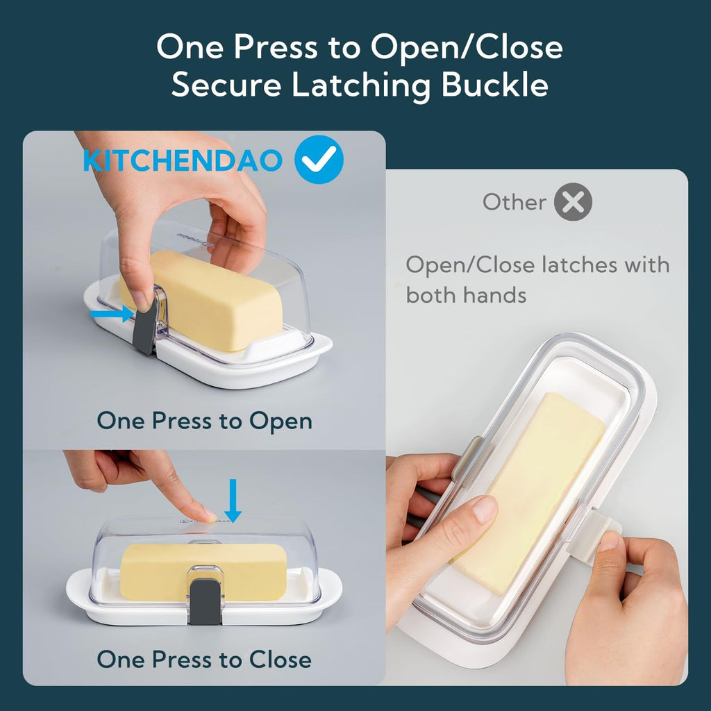 KITCHENDAO Airtight Butter Dish with Lid for Countertop and Refrigerator Door Shelf, Butter Holder with One Press to Open/Close Secure Latching Buckle, Butter Keeper for West/East Coast Butter (White)