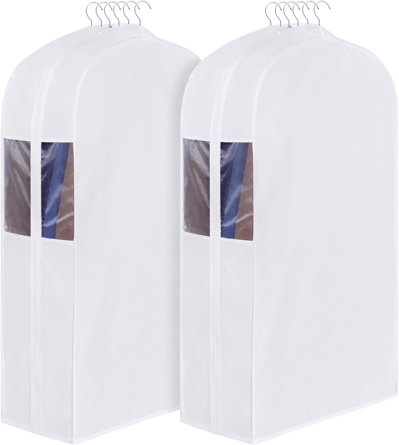 Univivi 40 Inch Cotton Garment Bags for Hanging Clothes 2 Pack, White | Breathable Cotton Fabric, Strong Zipper, Organza Window, 10in Wide Gusset Fits 6 Hangers, Perfect for Suits, Coats, Jackets