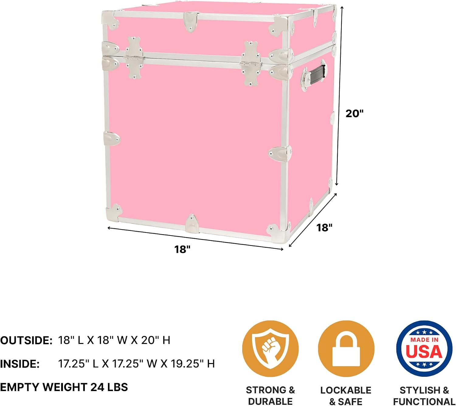 Rhino Classic Cube Trunk, College Dorm Footlocker & Home Storage End Table | 18"L x 18"W x 20"H, 1500+ lb Capacity, Baltic Birch Plywood, Nickel Plated Steel, Durable, Office Storage, Dorm Room