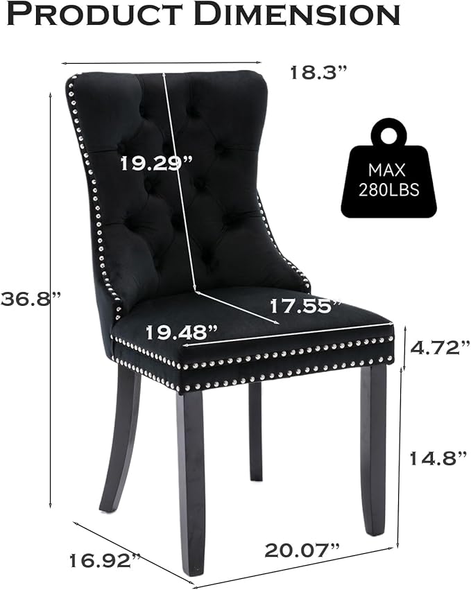 Velvet Upholstered Dining Chairs Set of 6, Modern Style Kitchen Side Chairs with Nailhead Trim and Wood Legs,Metal Pulling Ring for Dining Room Living Room(Black,Set of 6)