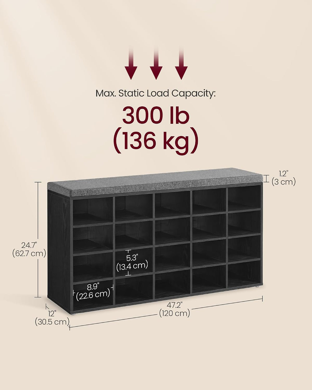 VASAGLE Shoe Bench with Cushion, 20 Compartments, 12 x 47.2 x 24.7 Inches | E...