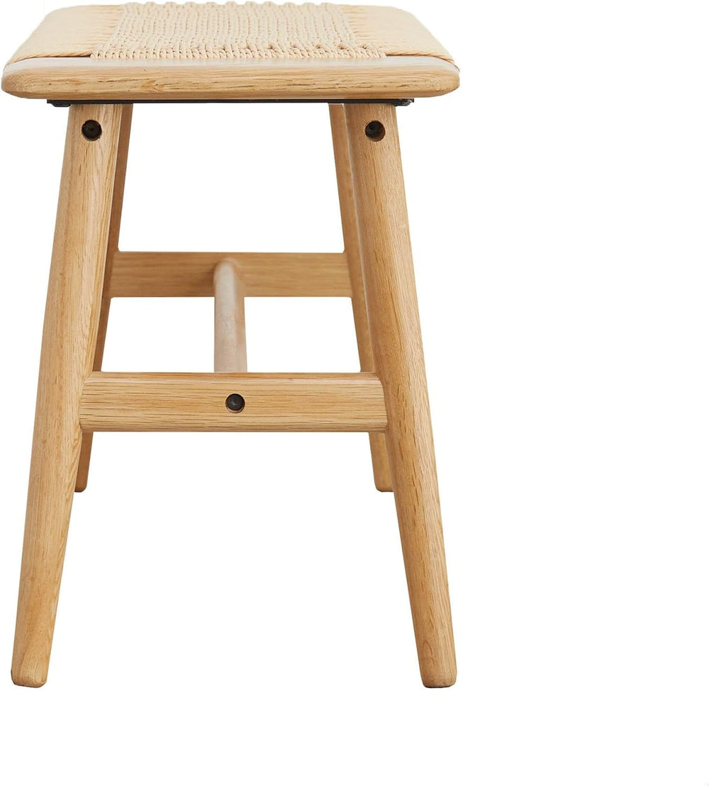 47.24" Natural Oak Wood Dining Bench with Woven Cane Seat Solid Wood Ent...