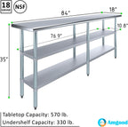 AmGood Stainless Steel Work Table with 2 Shelves | NSF | Metal Utility Table (84" Long x 18" Deep)