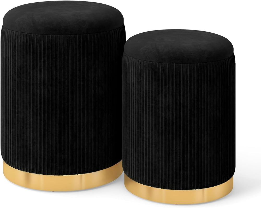GOFLAME Round Velvet Storage Ottoman Set of 2, Upholstered Footrest with Gold...