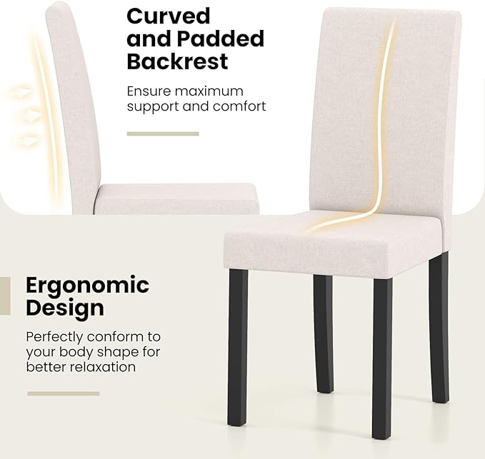 Giantex Upholstered Dining Chair Set of 2, Mid Century Modern Fabric Kitchen Chairs with Rubber Wood Legs, Thick Padded Seat, High Back, Side Armless Chairs for Living Dining Room (Beige)