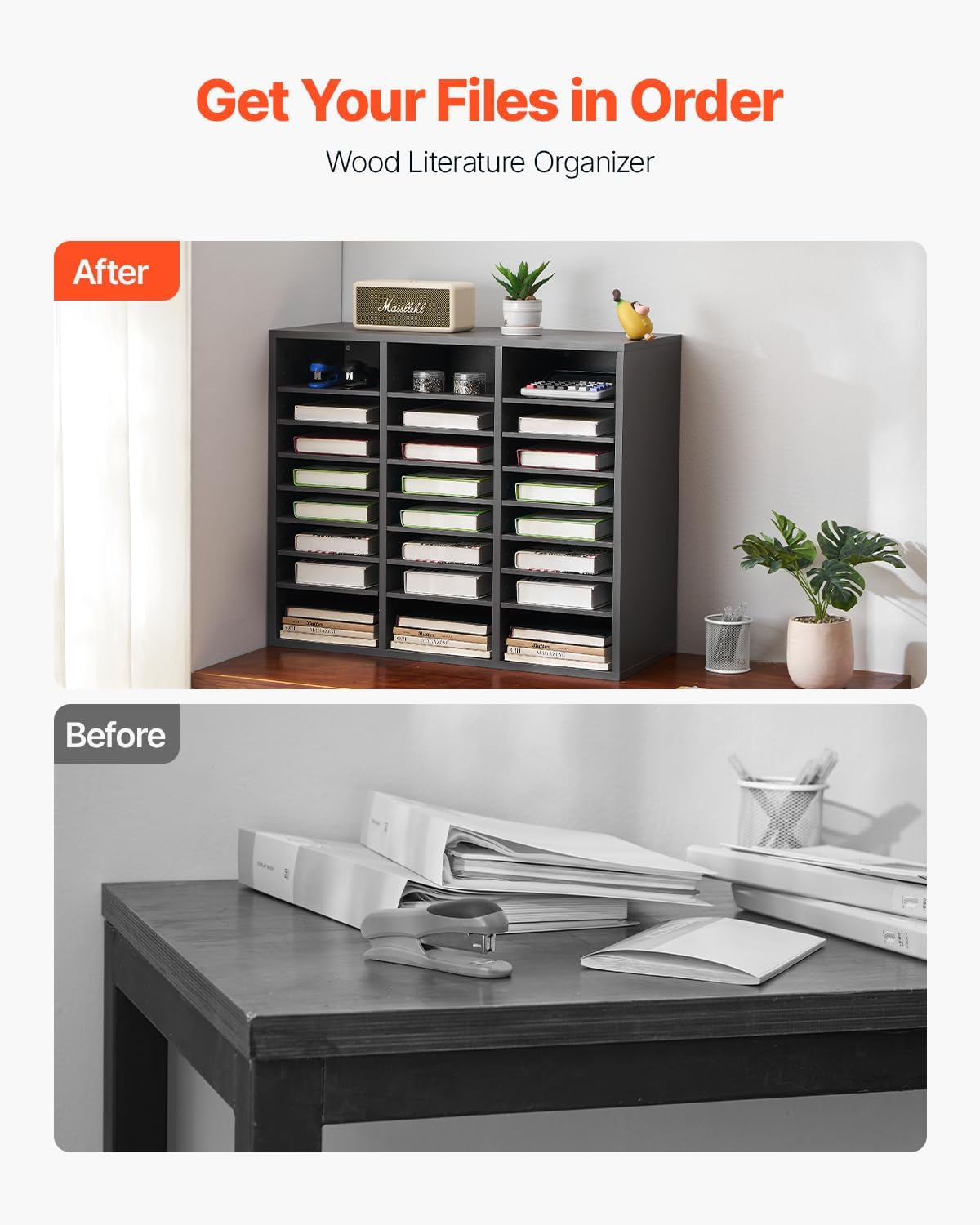 VEVOR Literature Organizer, 24 Compartments Office Mailbox with Adjustable Shelves, Wooden Mailbox Sorter Medium Density Fiberboard Office Home Classroom Storage for Files, Documents, Papers, Grey