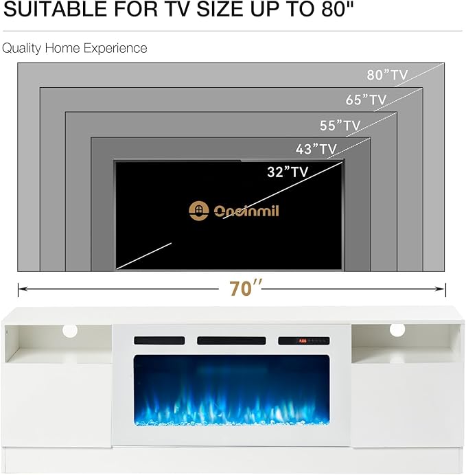 oneinmil 70” TV Stand with 36” Electric Fireplace, Large Modern Media Enterta...