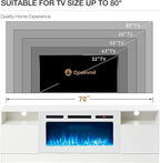 oneinmil 70” TV Stand with 36” Electric Fireplace, Large Modern Media Entertainment Center with Storage Cabinet and 12 Colors LED Lights for TVs Up to 80", White+White