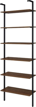 Coaster Home Furnishings - Owens - Wood and Metal - 6-Shelf Wall Mounted Bookshelf with Ladder Design and Transitional Style - Home Office & Living Room - 96-Inch - Walnut & Black - 980072