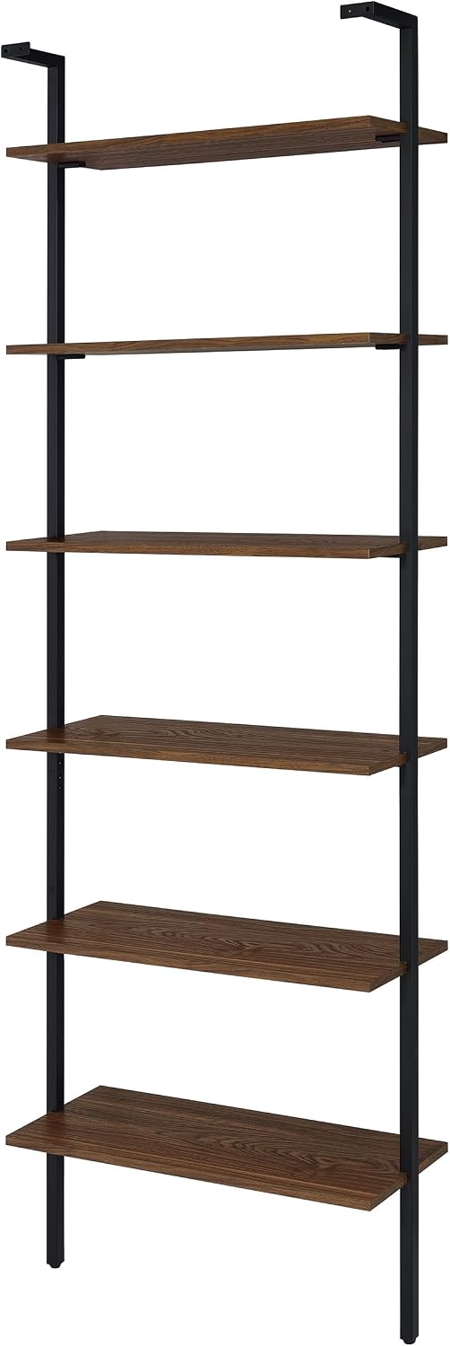 Coaster Home Furnishings - Owens - Wood and Metal - 6-Shelf Wall Mounted Bookshelf with Ladder Design and Transitional Style - Home Office & Living Room - 96-Inch - Walnut & Black - 980072