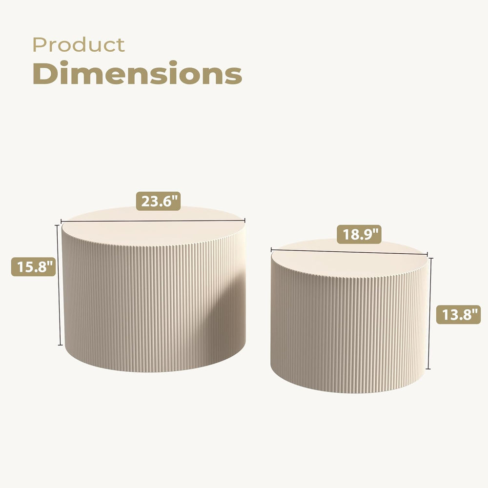 Round Coffee Table Set of 2, Modern Wooden Beige Nesting Coffee Tables for Li...