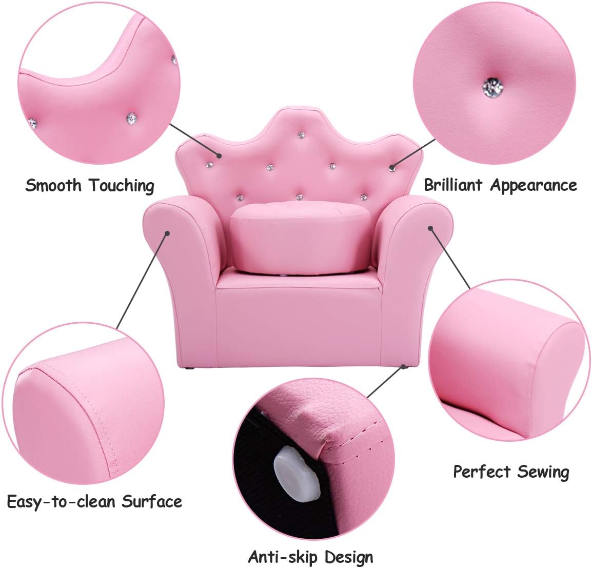 Costzon Kids Sofa, Children Upholstered Sofa with Ottoman, Princess Sofa with Diamond Decoration, Ottoman, Smooth PVC Leather Toddler Chair, Kids Pink Couch for Preschool Boys and Girls Gift (Pink)
