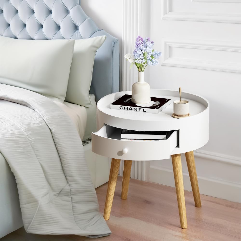 18" H Modern Nightstand with Storage Drawer & Oak Legs Bedside Table...