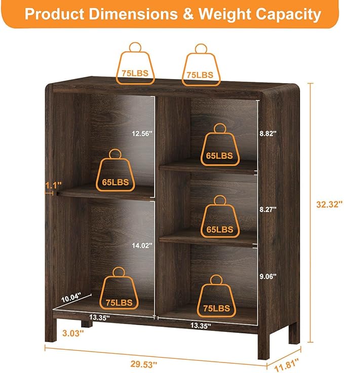 FATORRI 5 Cube Bookshelf, Wood Bookcase with 3 Adjustable Shelves, Farmhouse Cube Storage Organizer Shelf for Small Space Bedroom Living Room (Dark Walnut)