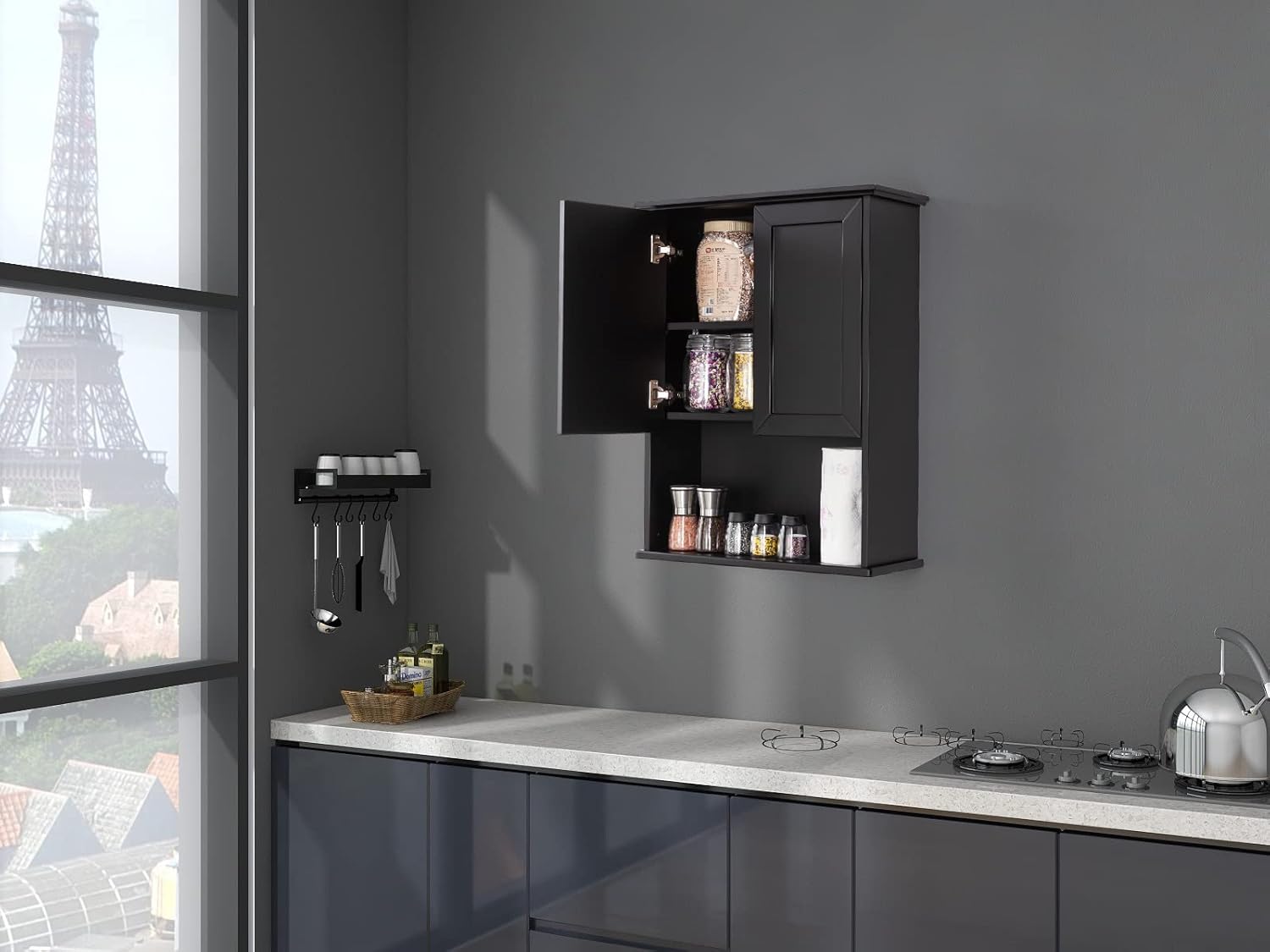 Black Bathroom Wall Cabinet 23x29 inch Wooden Bathroom Medicine Cabinet with 2 Doors and Adjustable Shelf, Wall Mounted Cabinet Over Toilet Storage Cabinet