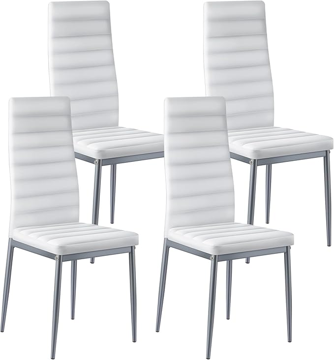 VEVOR Modern Dining Room Accent Chairs Set of 4, Upholstered Leather Side Chair for Living Room, Space-Saving Kitchen Chair with Thick Cushions and Metal Legs, White