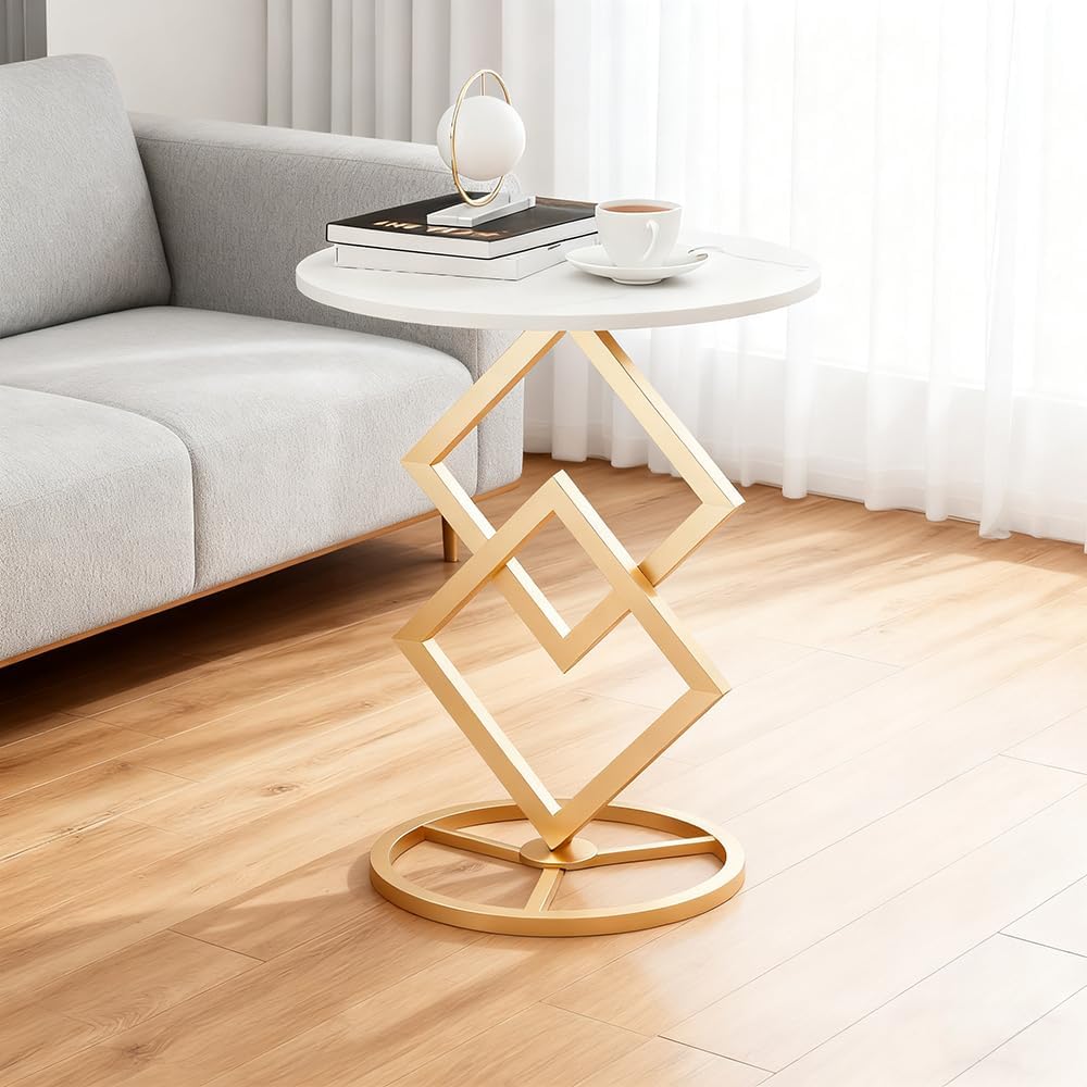 Boho Round Side Table Living Room, Luxurious Marble Desktop end Tables with S...