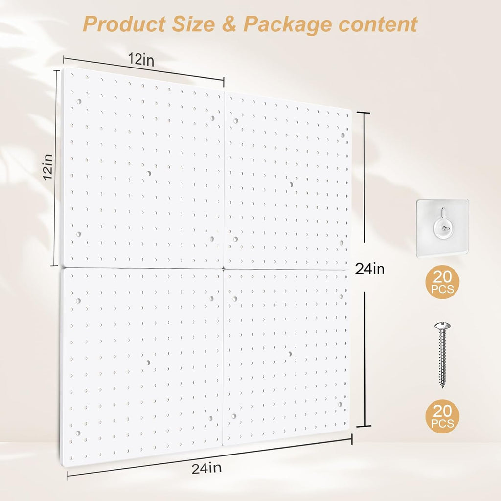Peg Board,4 Pack Plastic Pegboard, Pegboard Wall Organizer,White Pegboard,ABS Pegboard,No Drilling Required,24x24inch,Suitable for Craft Room Office Garage Kitchen
