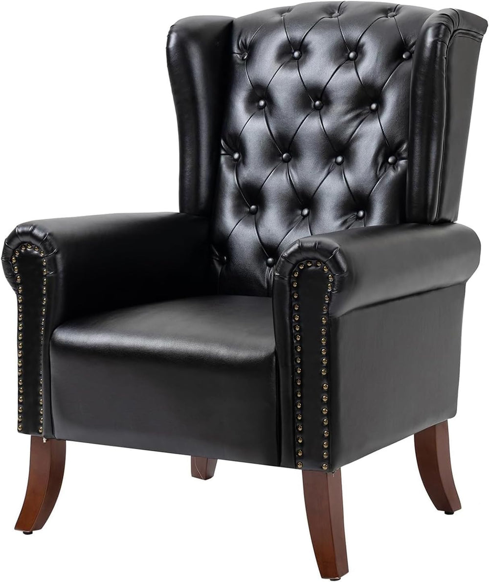 Faux Leather Accent Chair, Mid-Century High Back Armchair Upholstered Club So...
