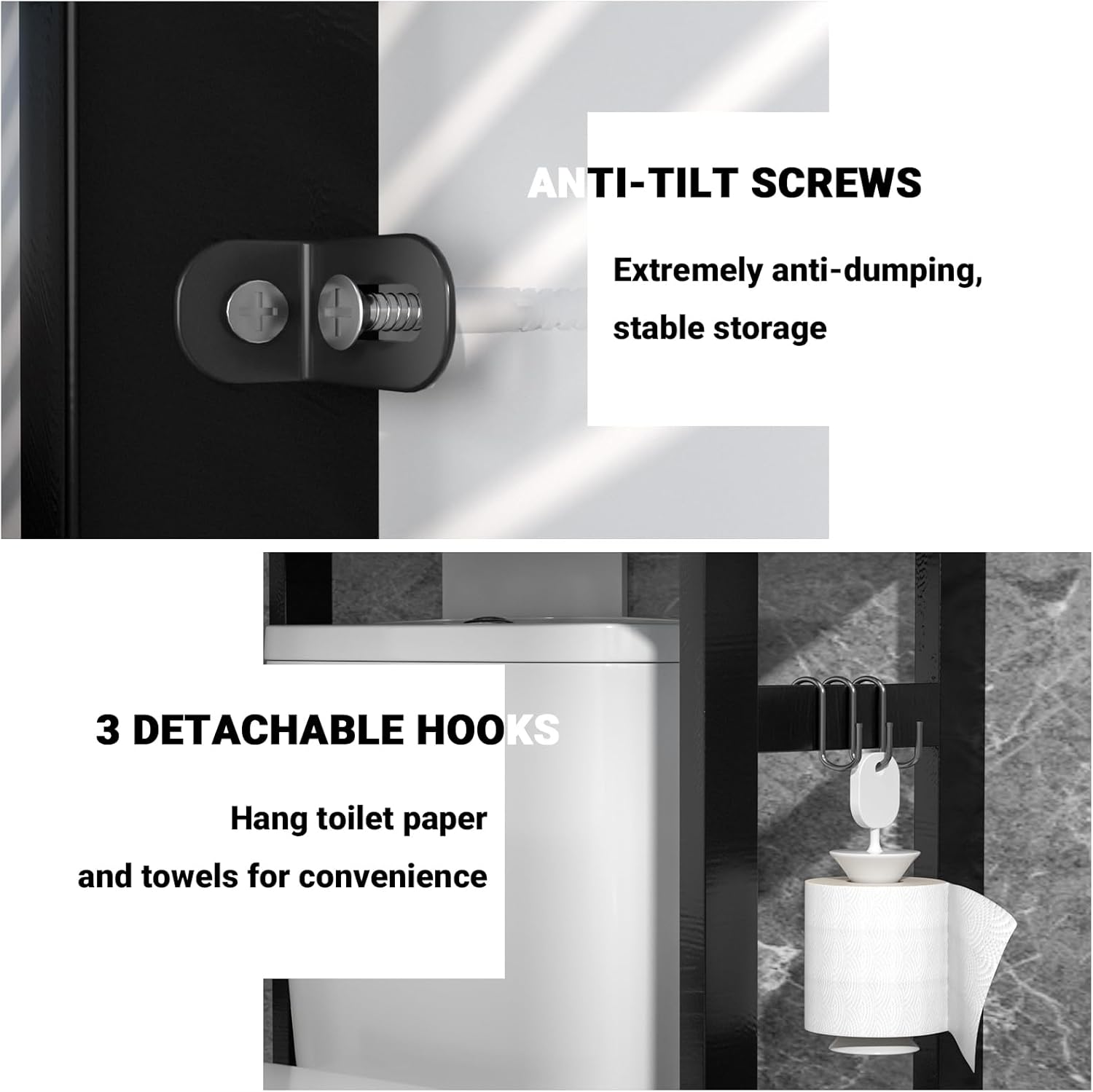 Homykic Bamboo Over The Toilet Storage Shelf, 3-Tier Above Toilet Storage Organizer Rack with 3 Hooks, Freestanding Bathroom Tower Shelf Unit for Small Space, No Rust, Easy to Assemble, Black