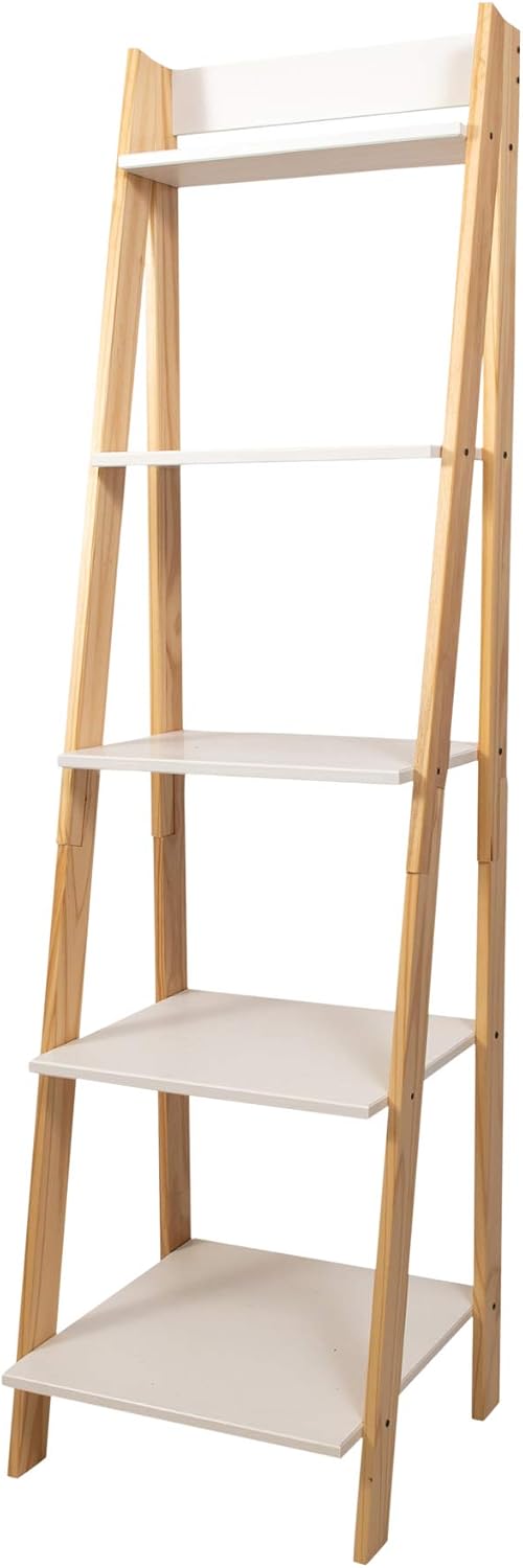 Jela-USA Solid Pine Wood 5 Shelf Ladder Bookshelf, White & Natural