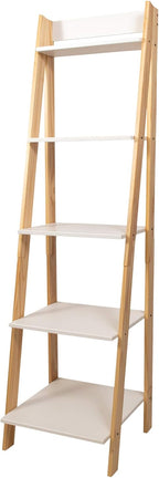Jela-USA Solid Pine Wood 5 Shelf Ladder Bookshelf, White & Natural