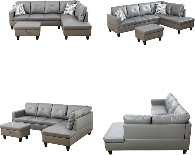 Sectional Couches for Living Room with Movable Chaise & Storage Ottoman - 97.5" Leather L Shaped Couches for Living Room Apartment, 4 Seat Home Furniture Modular Sectional Sofas, Grey