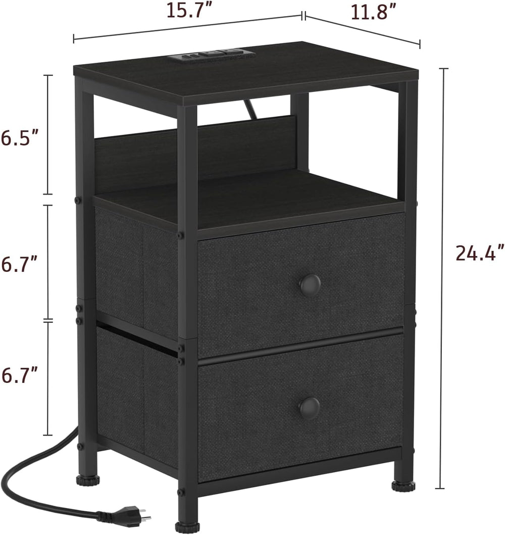 End Table with Charging Station & USB Ports, Rustic Nightstand with Fabri...
