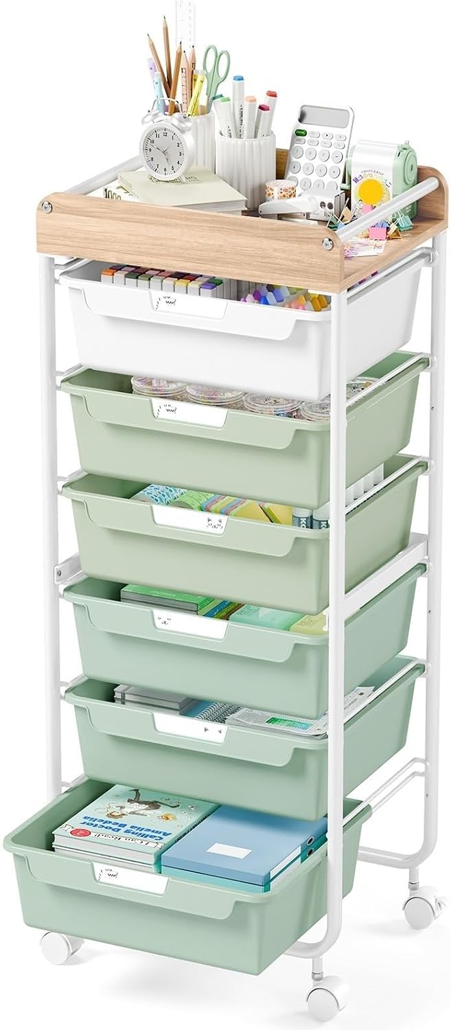 APEXCHASER Rolling Craft Storage Cart with 6 Drawers, Art Cart,Green | Utility Cart with Wooden Top, for Craft Room, Kids Art Station, Sewing Storage, Space-Saving for Home Office & Bedroom