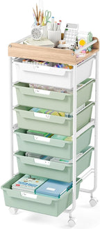 APEXCHASER Rolling Craft Storage Cart with 6 Drawers, Art Cart,Green | Utility Cart with Wooden Top, for Craft Room, Kids Art Station, Sewing Storage, Space-Saving for Home Office & Bedroom