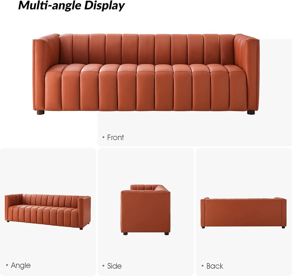 HULALA HOME 83" Genuine Leather Sofa with Channel Tufted Design, Brick | Modern 3-Seater Couch with Wood Legs, Supportive Seating, Easy Assembly, for Living Room Bedroom Apartment