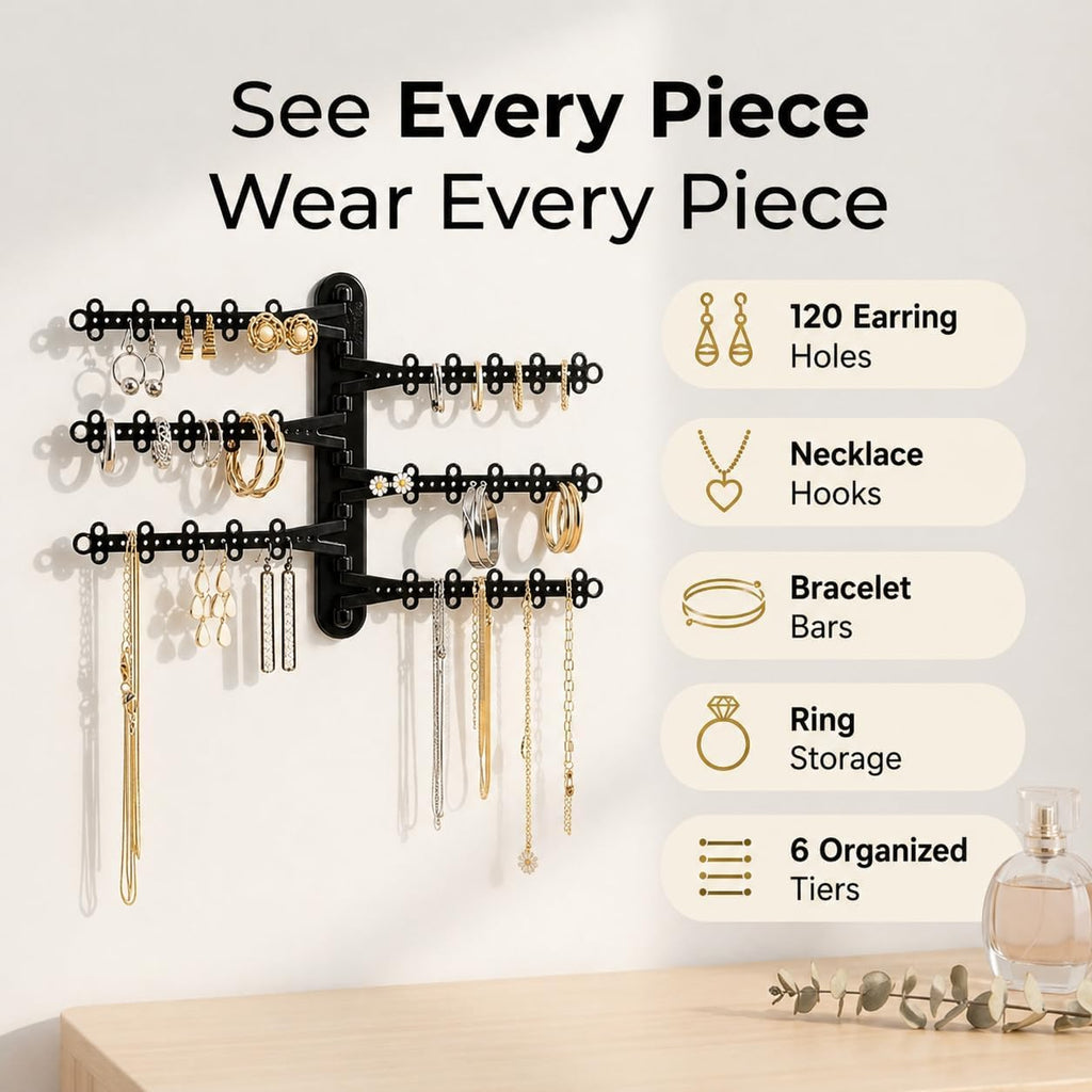 6-Tier Hanging Wall Jewelry Organizer, Earring, Necklace, Ring Holder-Black | Large Capacity with 120 Earring Holes, Rotating Branches, Includes 3M Command Strips, Bracelet, Ring & Necklace Storage