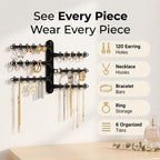 6-Tier Hanging Wall Jewelry Organizer, Earring, Necklace, Ring Holder-Black | Large Capacity with 120 Earring Holes, Rotating Branches, Includes 3M Command Strips, Bracelet, Ring & Necklace Storage