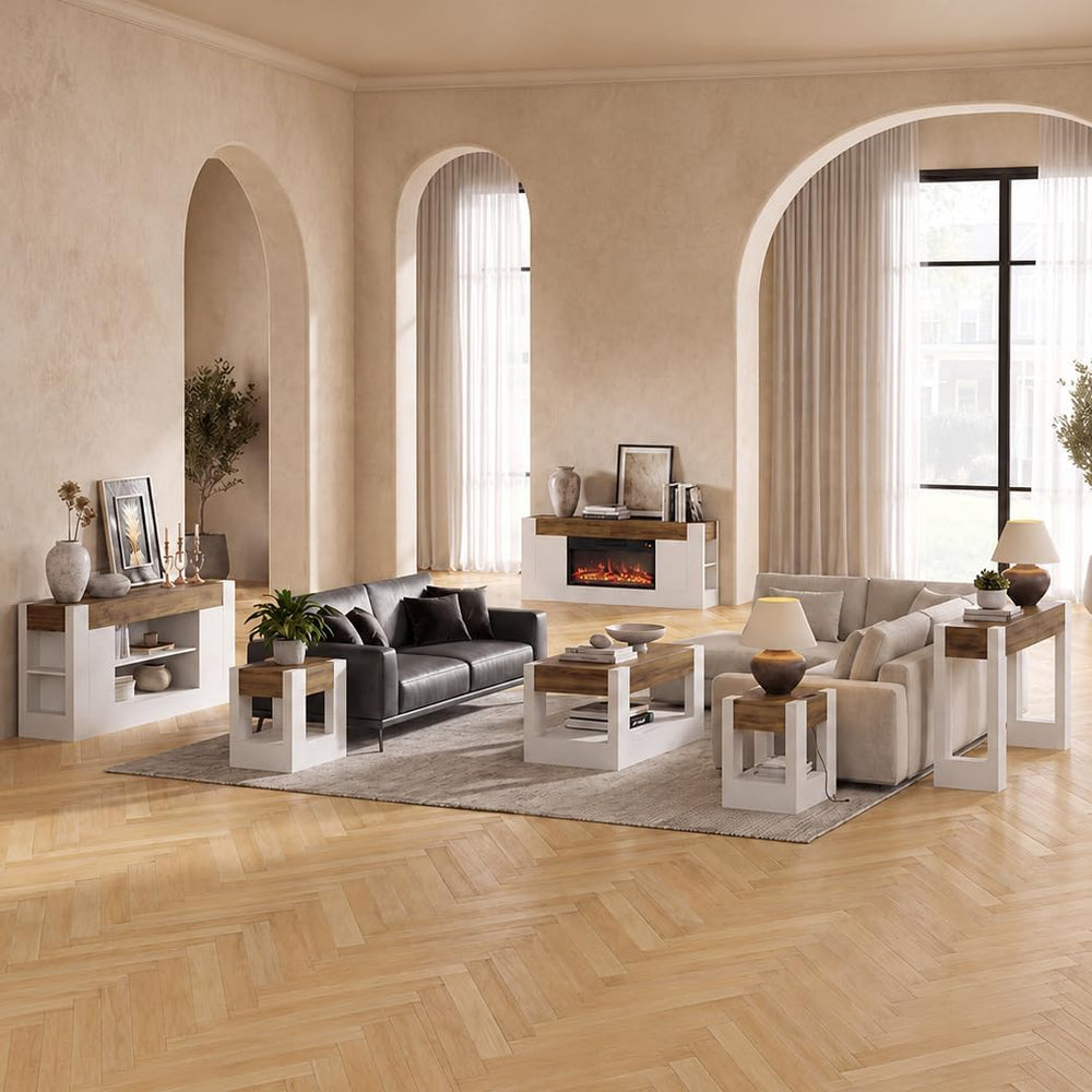 Farmhouse Living Room Table with Storage Set of 4, White | Include 70" T...