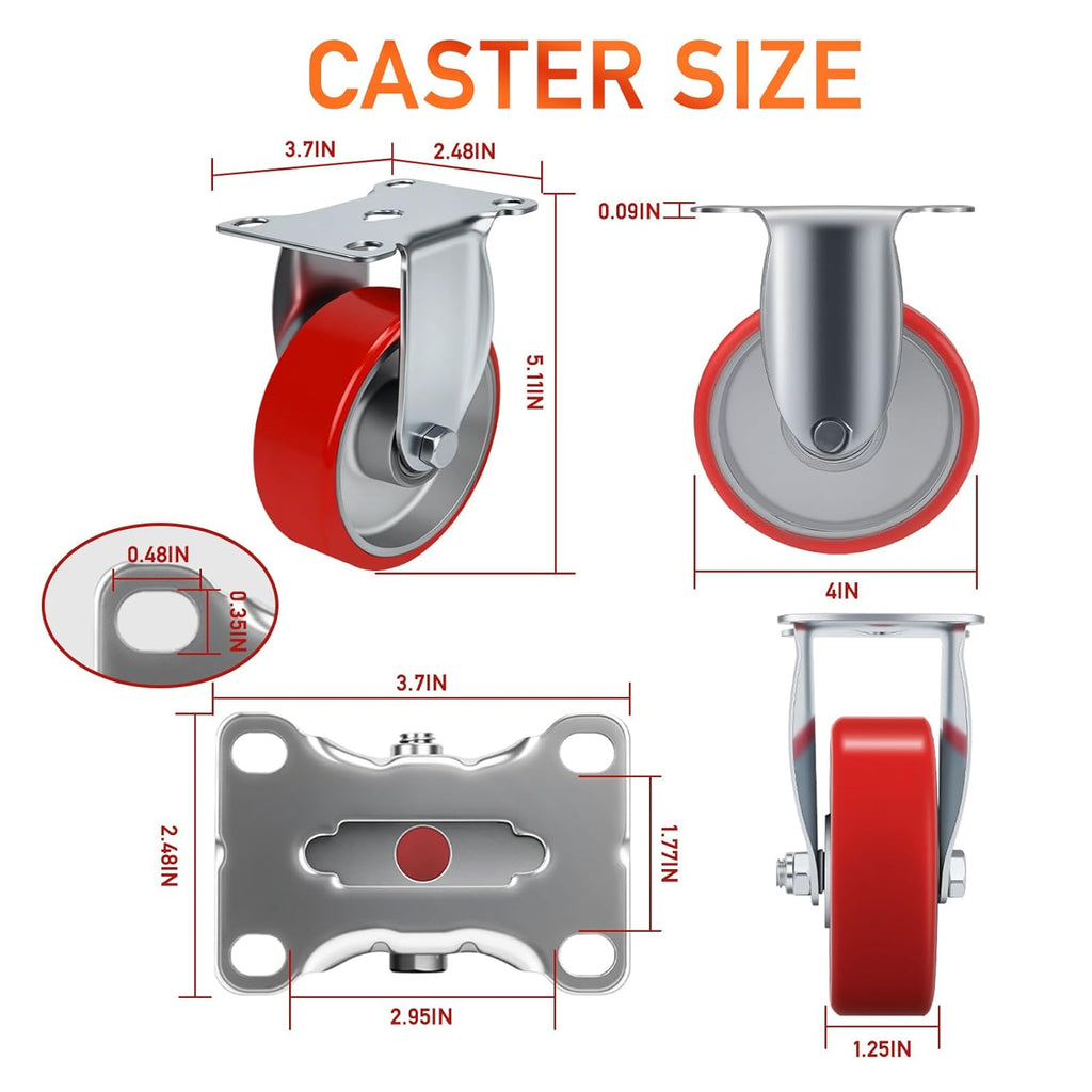 4 Inch Caster,Heavy Duty Caster Wheels Set of 4,Load 2000 Lbs,Polyurethane Steel Wheels,Swivel Wheels with Brake for Trolleys,Warehouse Cargo Handling,Workbench Moving(2Brake&2Rigid)