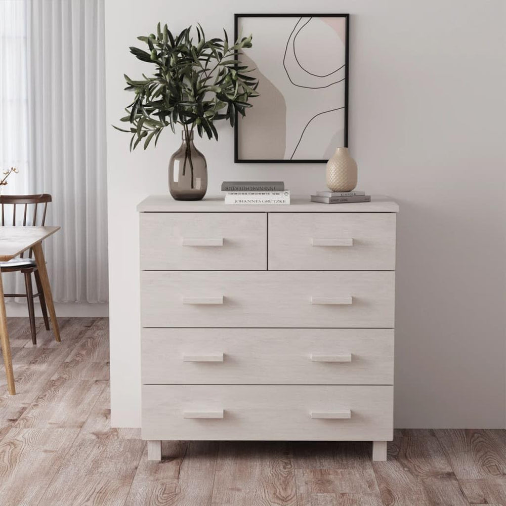 Modern White Sideboard with Sliding Doors and Five Drawers, Solid Pinewood an...