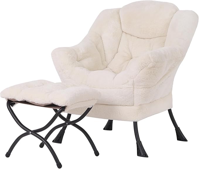 Welnow Lazy Chair with Ottoman, Modern Lounge Accent Chair with Armrests and a Side Pocket, Leisure Sofa Armchair, Reading Armchair with Footrest for Small Space, Plush Beige