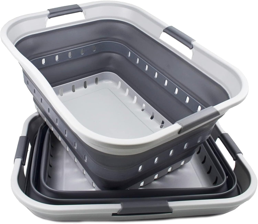 SAMMART 42L (11 gallon) Collapsible Plastic Laundry Basket - Foldable Pop Up Storage Container/Organizer - Portable Basket - Space Saving Hamper (Grey/Dark Grey (Set of 2))