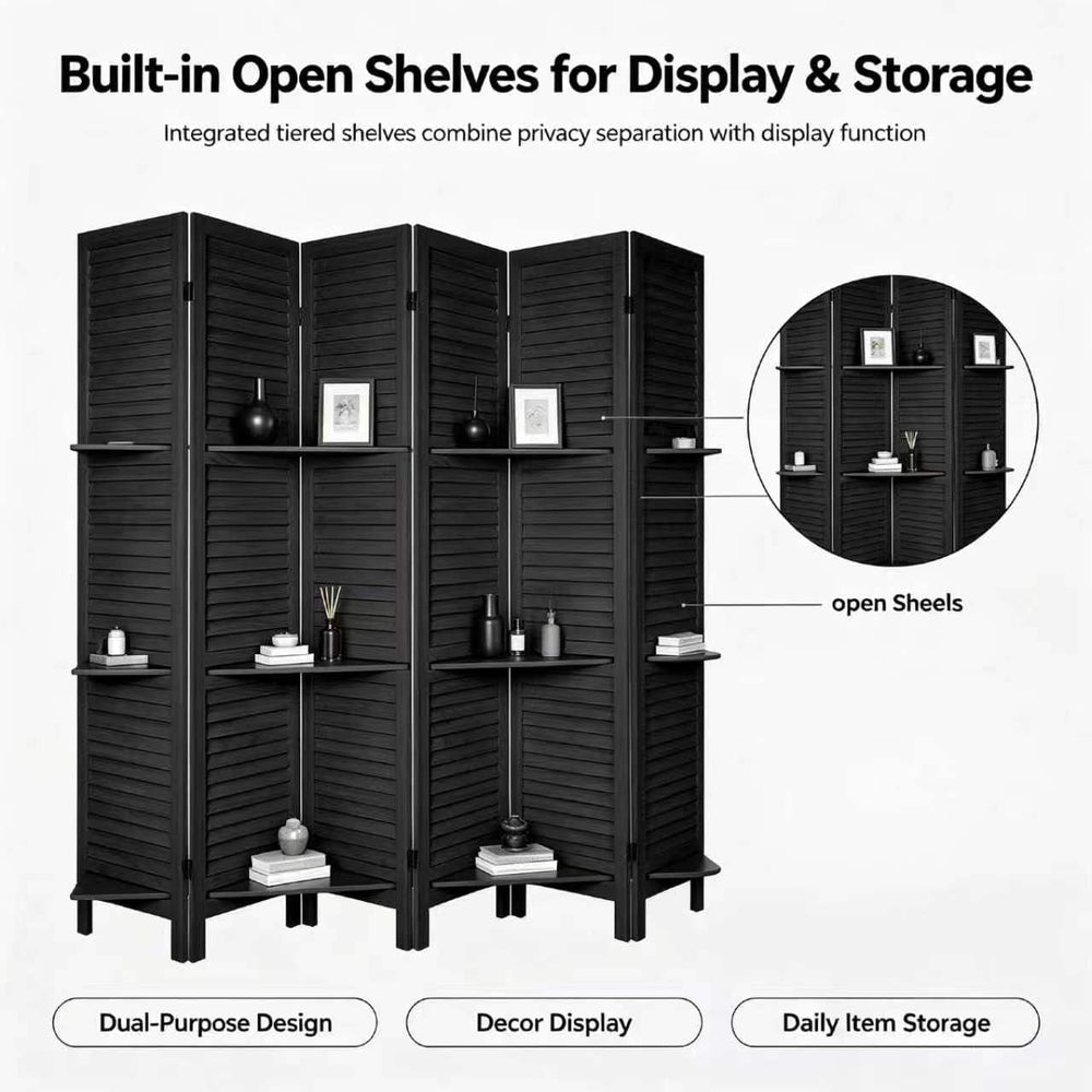 6 Panel Room Divider with Shelves,67" H Tall Folding Privacy Screen,Black